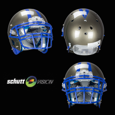 Schutt Vision places a camera in the front of the helmet and an electrical panel in the back. The panels are pictured with clear plastic, but can be painted to blend into the helmet.